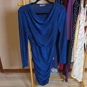 Shimmery Royal Blue Cowl-Neck Long Sleeve Dress